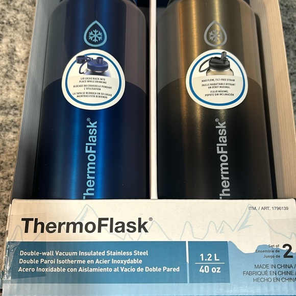 2 PACK ThermoFlask Double-WALL Insulated stainless steel Bottles Set BLUE/BLACK - Picture 2 of 8